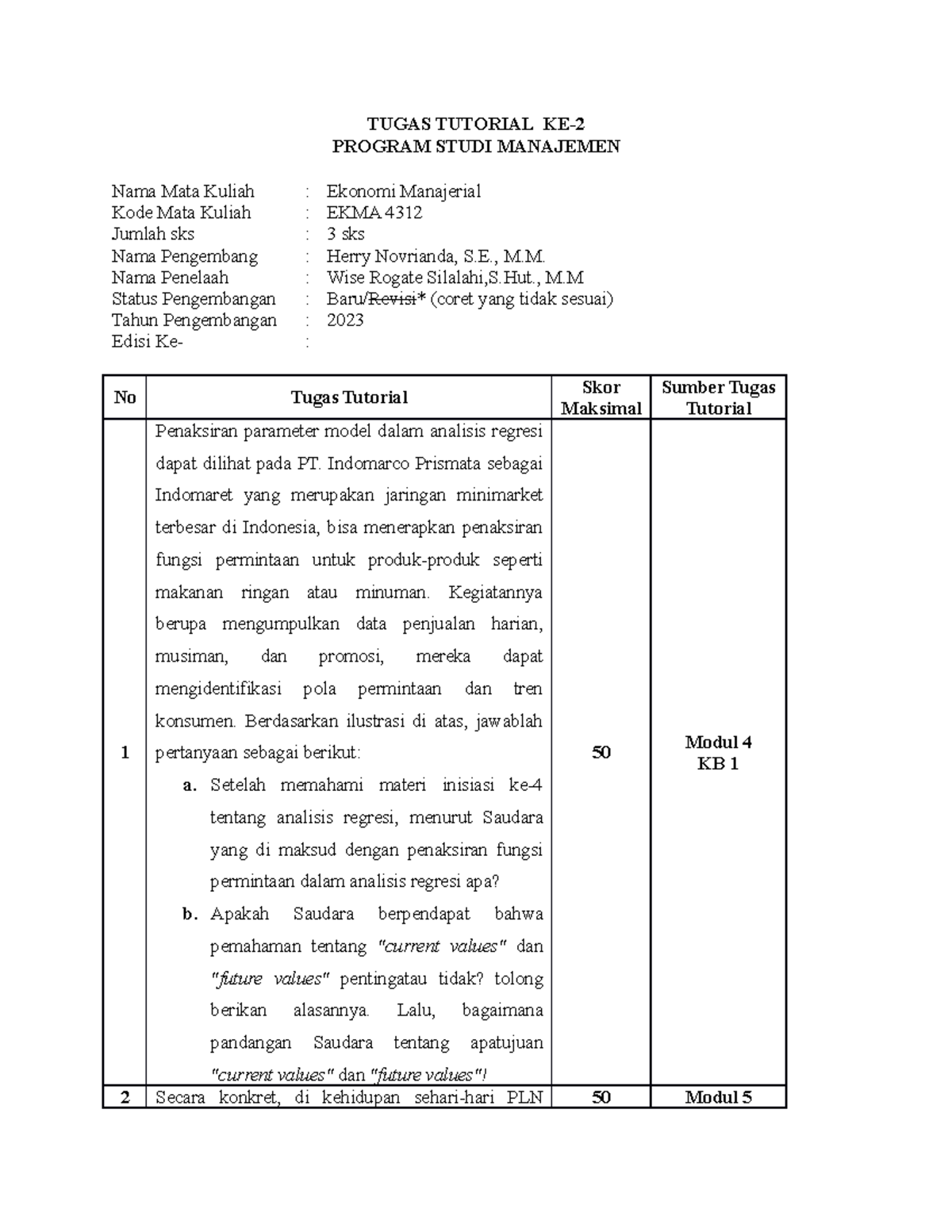 Tugas 2 Ekonomi Manajerial - TUGAS TUTORIAL KE- 2 PROGRAM STUDI ...