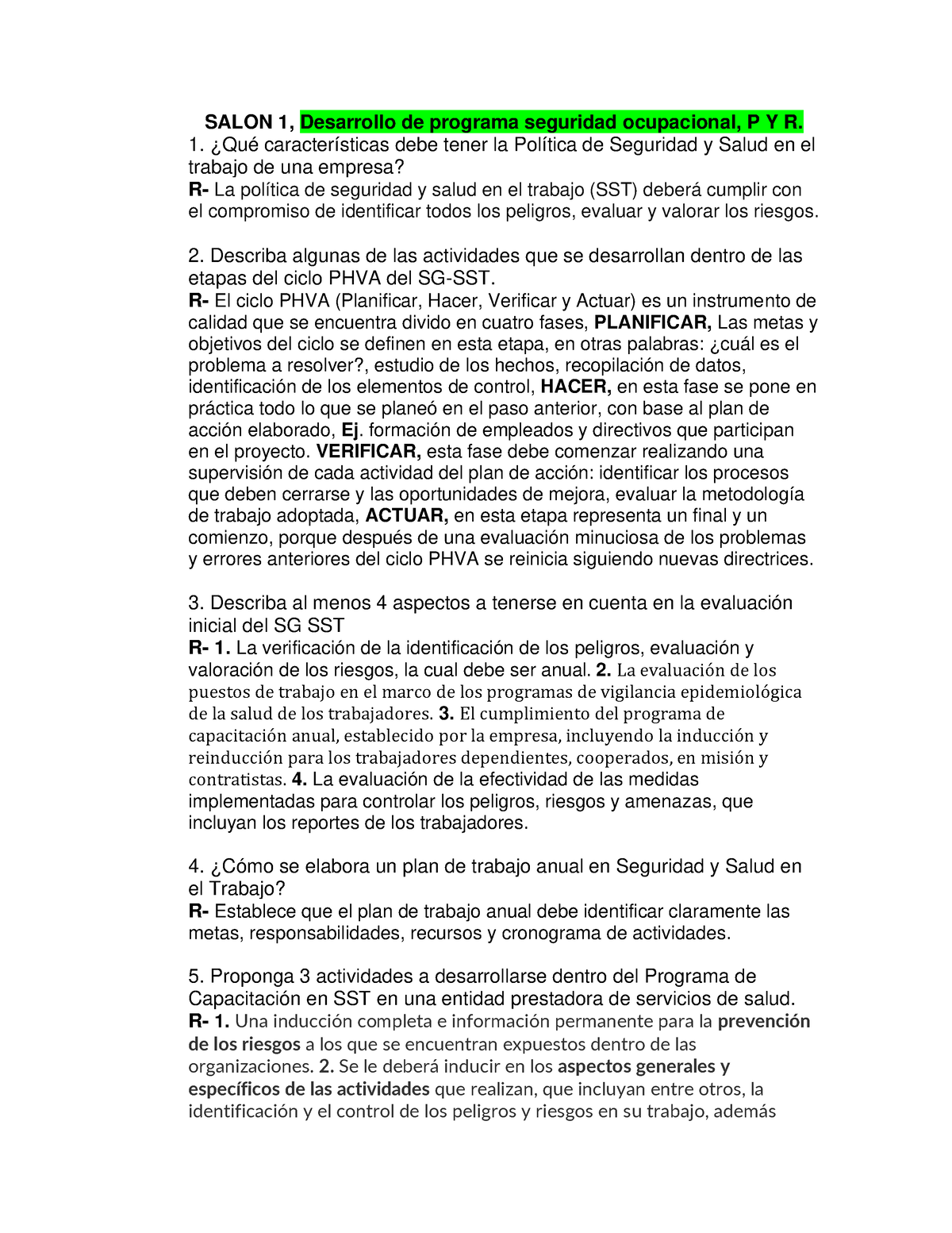 Preguntas Y Respuestas, Seguridad Ocupacional - SALON 1, Desarrollo De ...