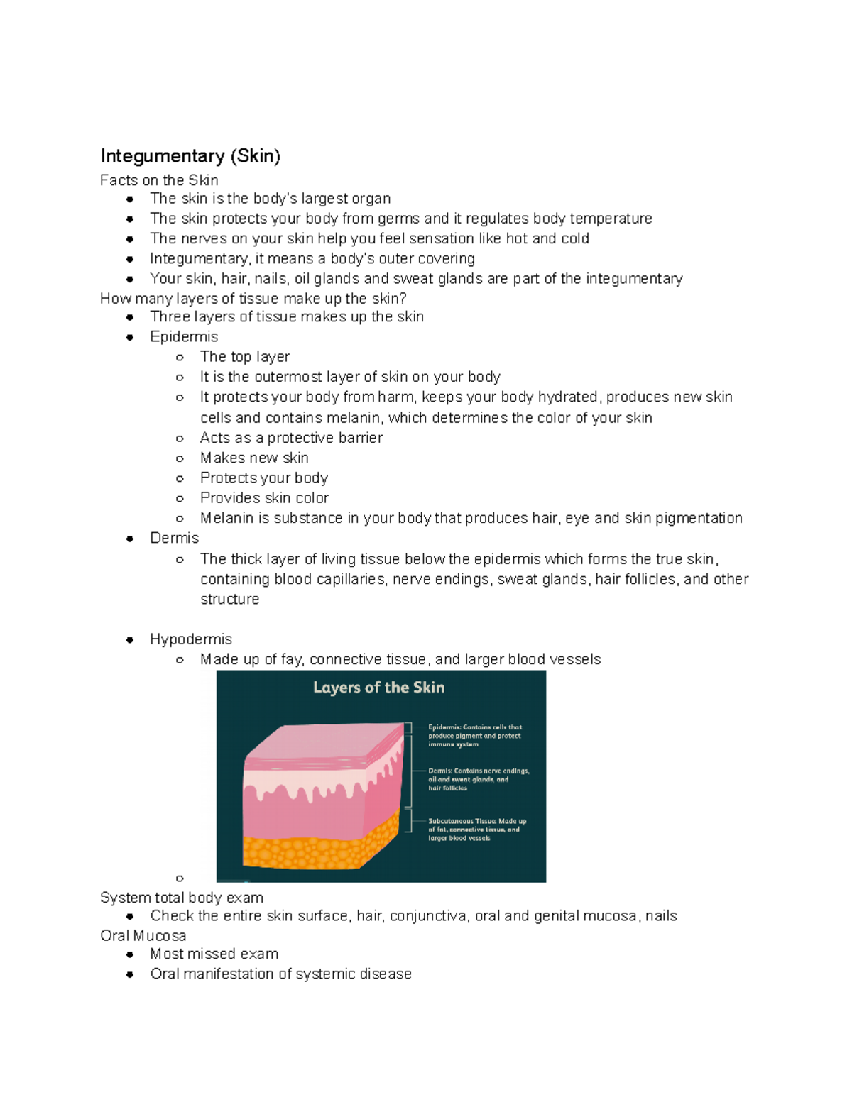 Integumentary Skin Bates Assessment Pa Integumentary Skin Facts On The Skin The Skin Is