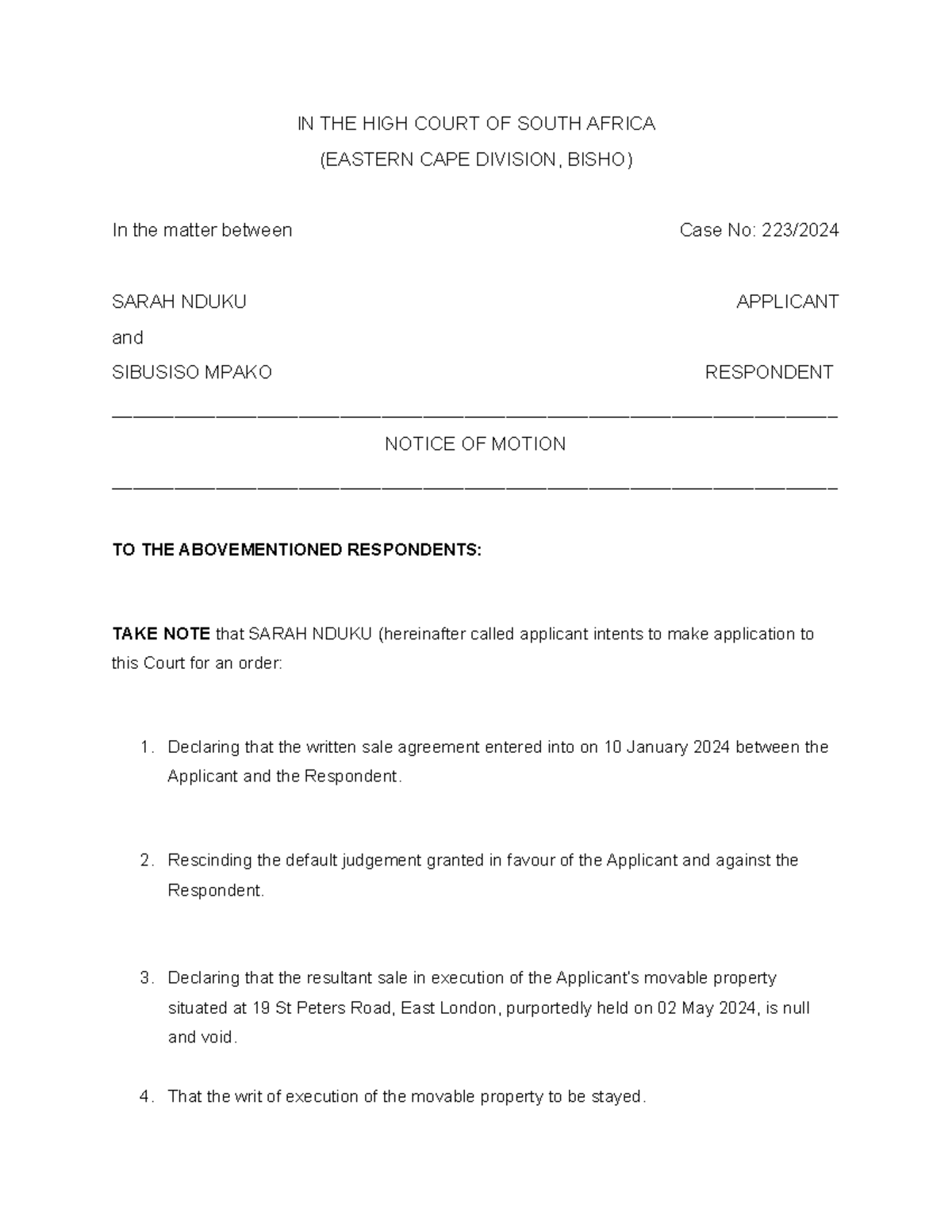 Notice OF Motion - IN THE HIGH COURT OF SOUTH AFRICA (EASTERN CAPE ...