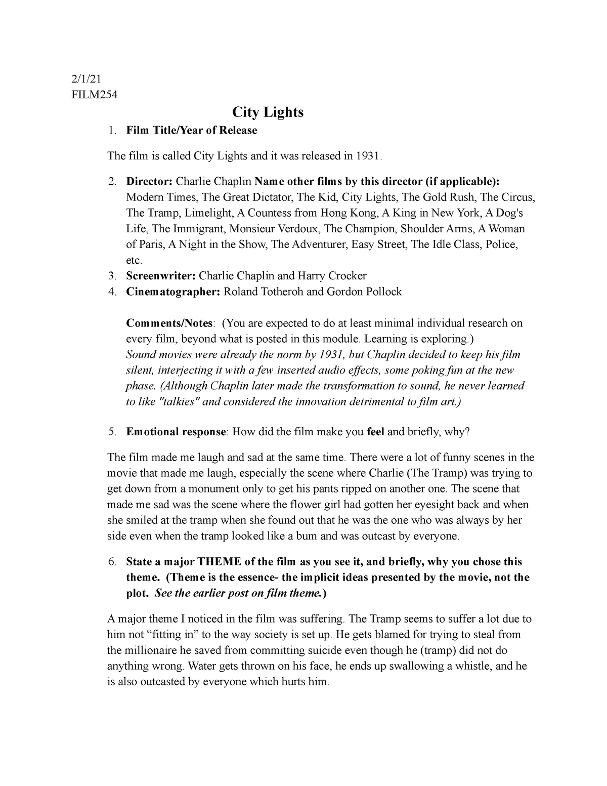 Film Analysis (City Lights) - 2/1/ FILM City Lights Film Title/Year of ...