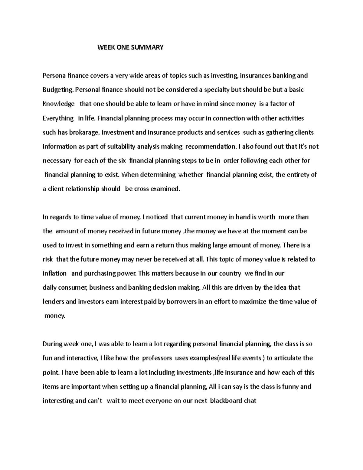 WEEK ONE Summary - WEEK ONE SUMMARY Persona finance covers a very wide ...