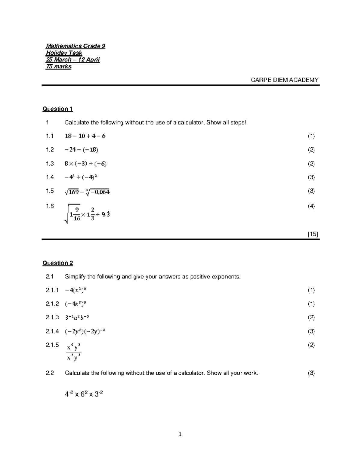 Gr. Vacation task - Mathematics Grade 9 Holiday Task 25 March – 12 ...