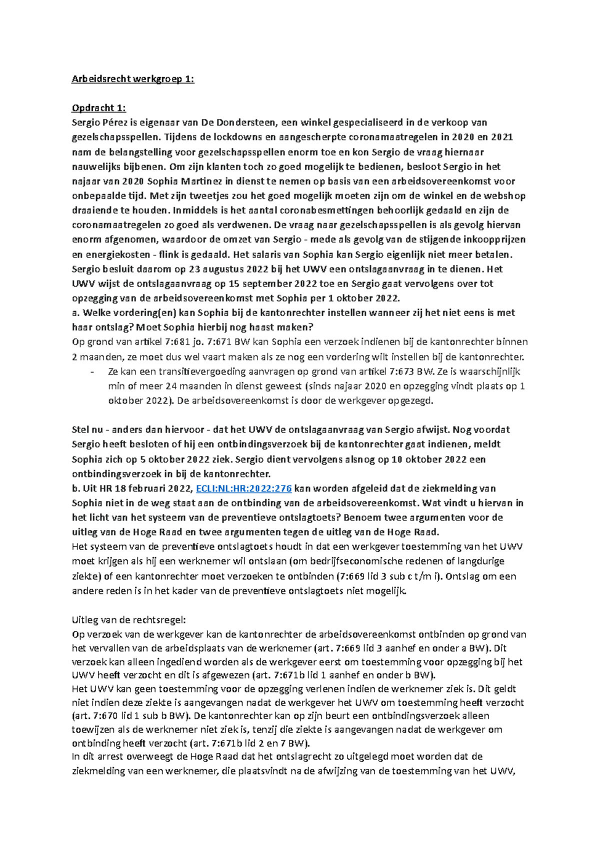 Arbeidsrecht Wg 1 - Opdracht Van Het Hoorcollege - Arbeidsrecht ...