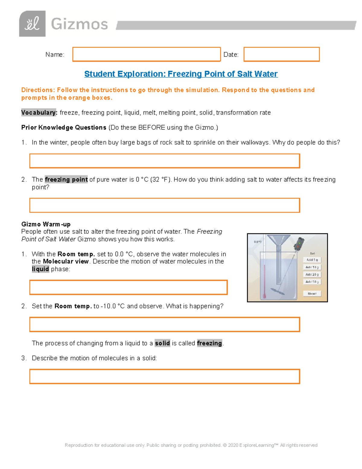 Freezing Salt Water Answer Sheet - Name: Date: Student Exploration ...