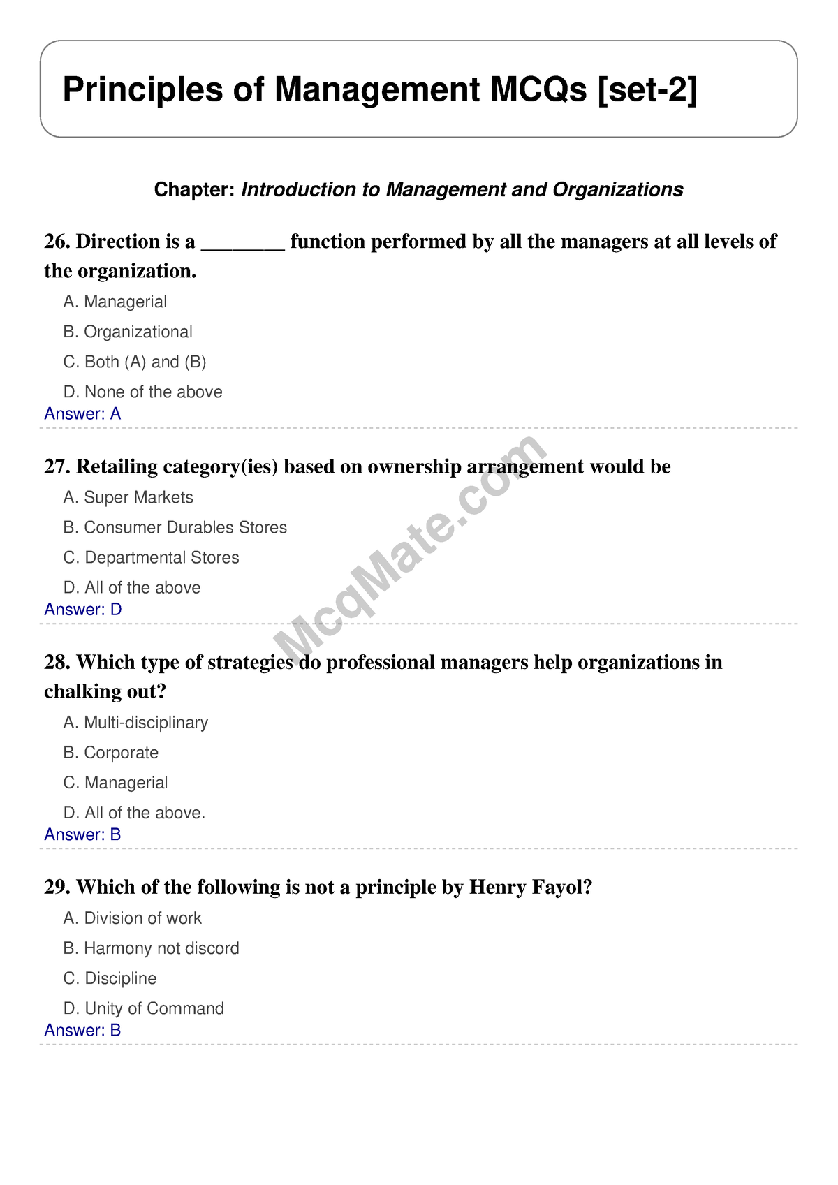 Principles Of Management Solved MCQs [set-2] Mcq Mate.com - McqMate ...