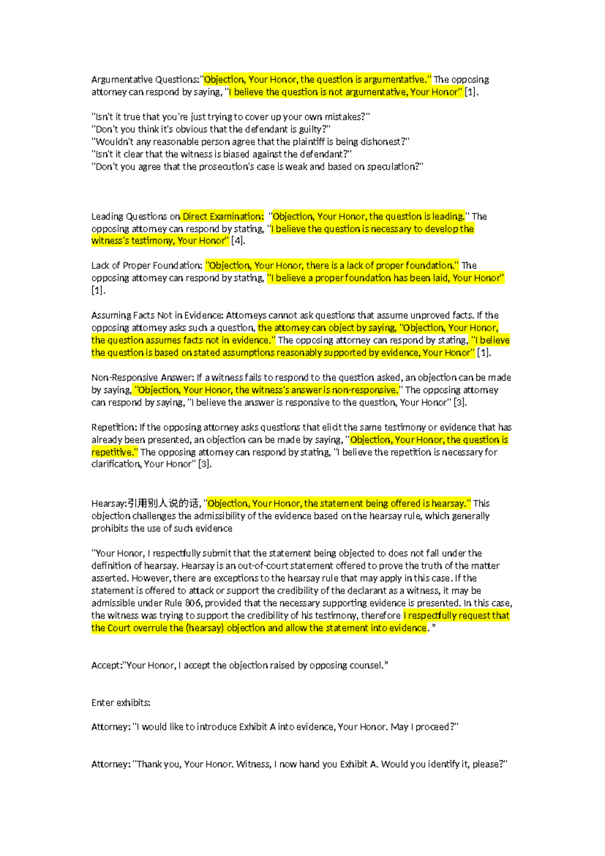 Objection - Argumentative Questions:
