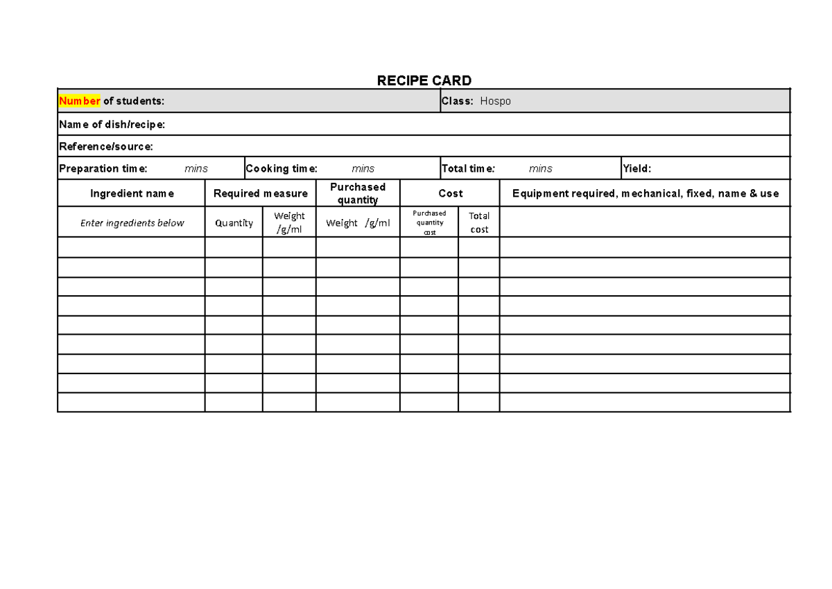 Standard recipe cards - RECIPE CARD Number of students: Class: Hospo ...