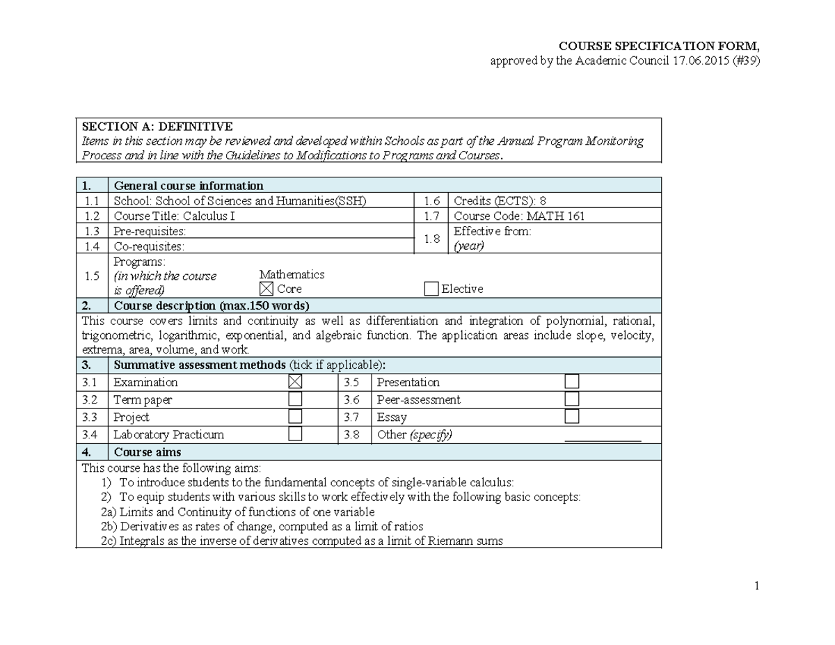 Syllabus MATH 161 Fall 2024 (new) - approved by the Academic Council 17 ...