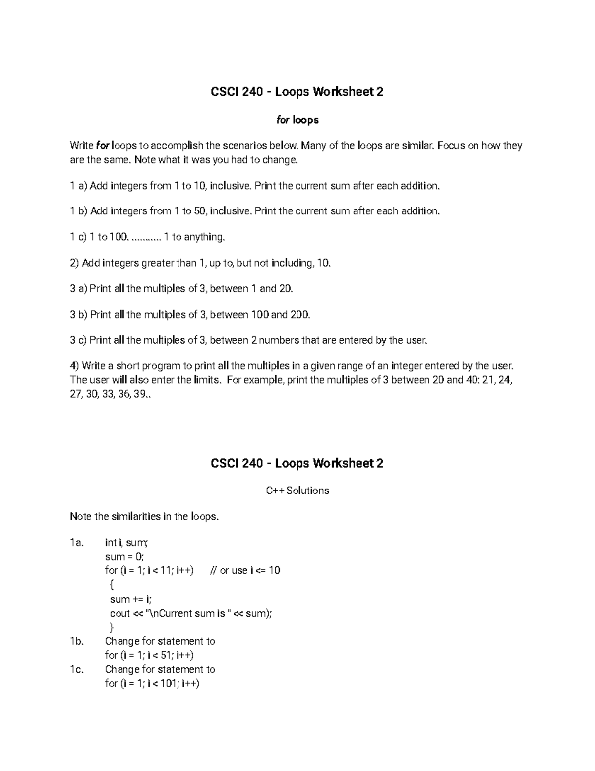 CSCI 240 - Loops Worksheet 2 And Answers - CSCI 240 - Loops Worksheet 2 ...