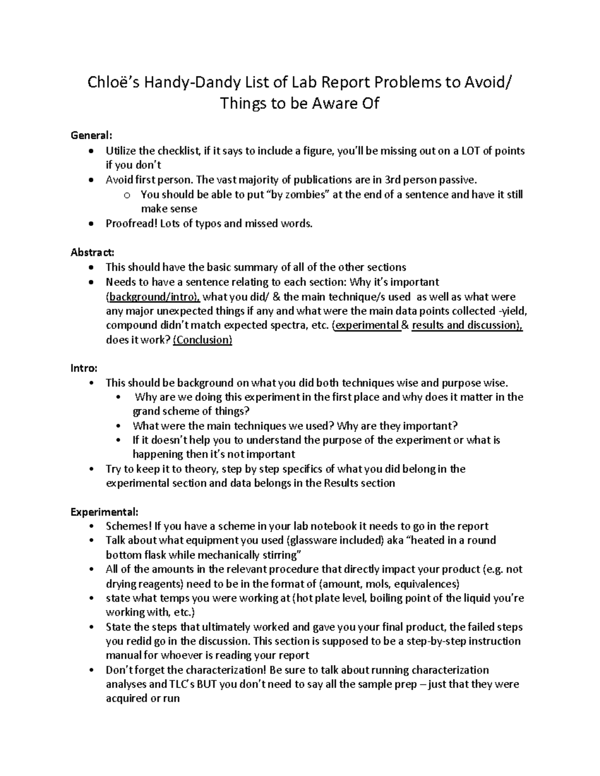 3238 Lab Report Tips help with lab Chloë’s HandyDandy List of Lab