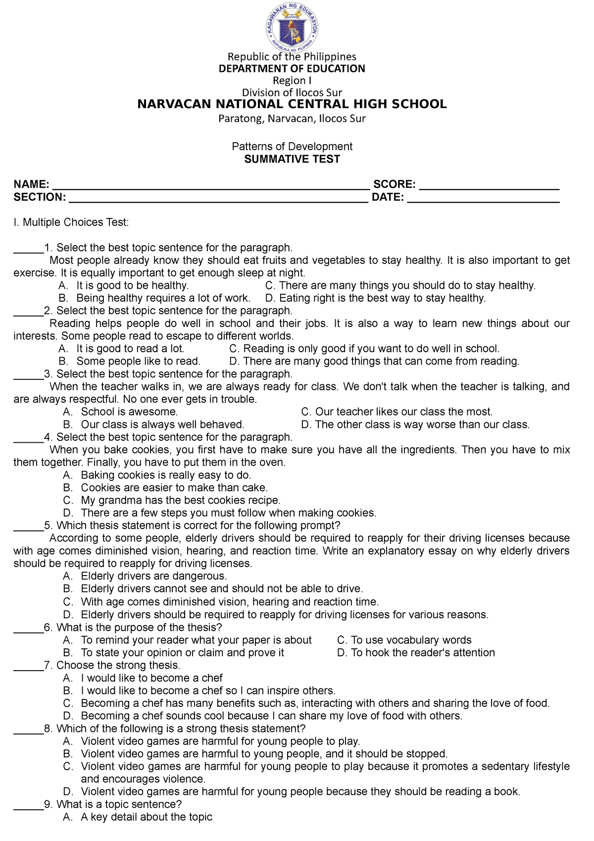 Patterns Of Development- Summative Test - Republic Of The Philippines ...