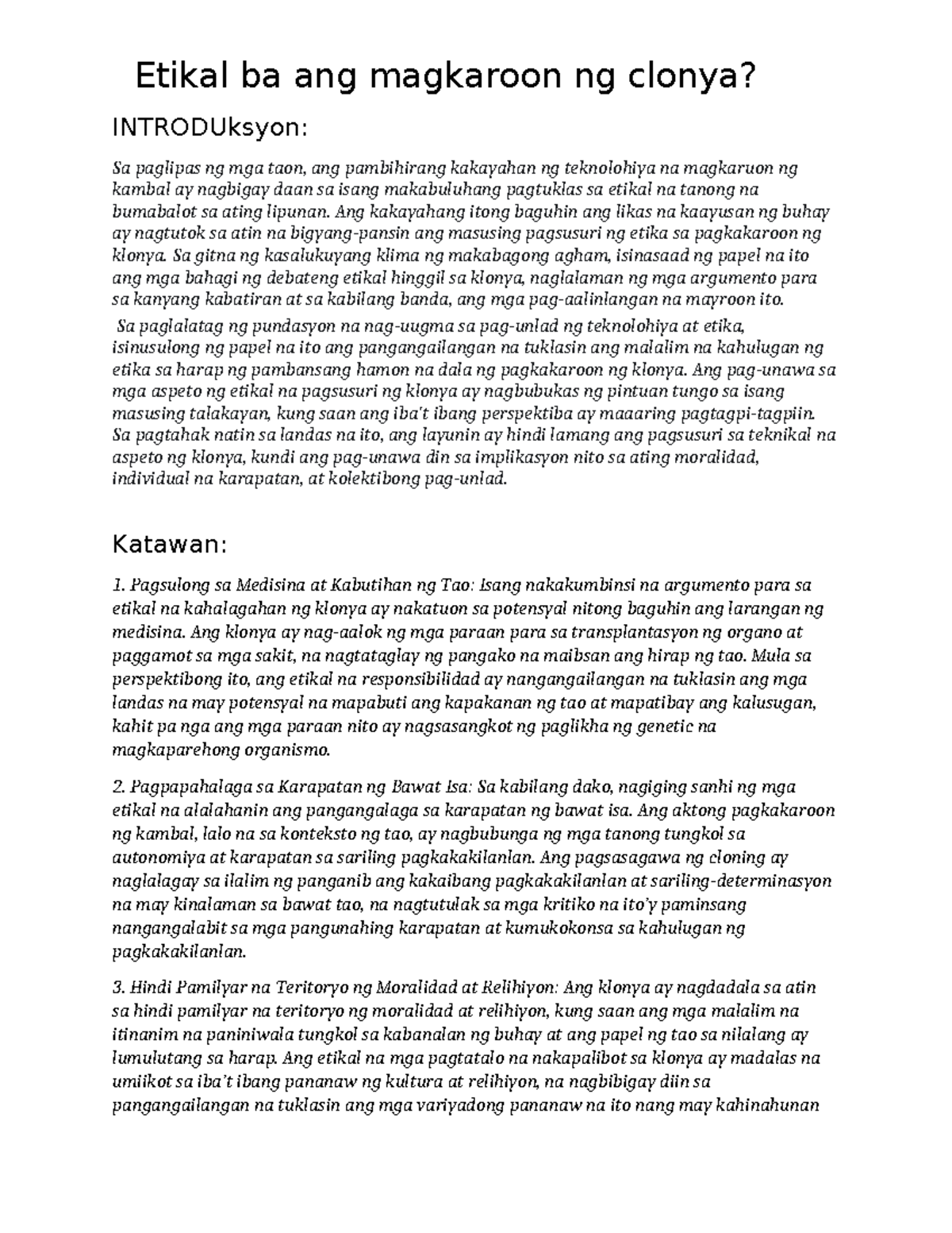 Introduksyon - for assignments in Filipino subjects - Etikal ba ang ...