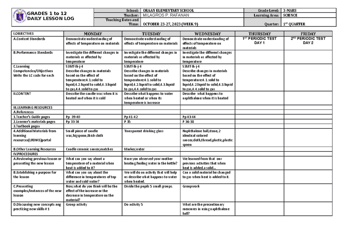 DLL Science 3 Q1 W9 - DAILY LOG - GRADES 1 to 12 DAILY LESSON LOG ...