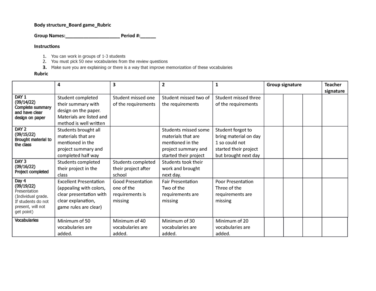 board game assignment rubric