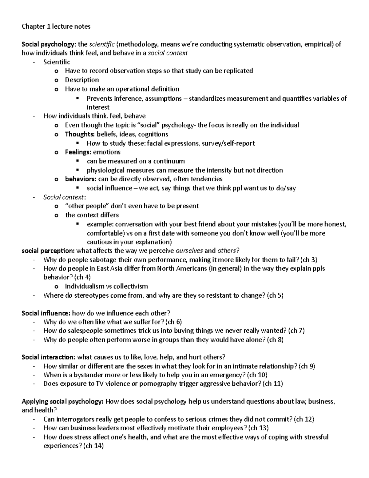 Chapter 1 lecture notes - Chapter 1 lecture notes Social psychology ...