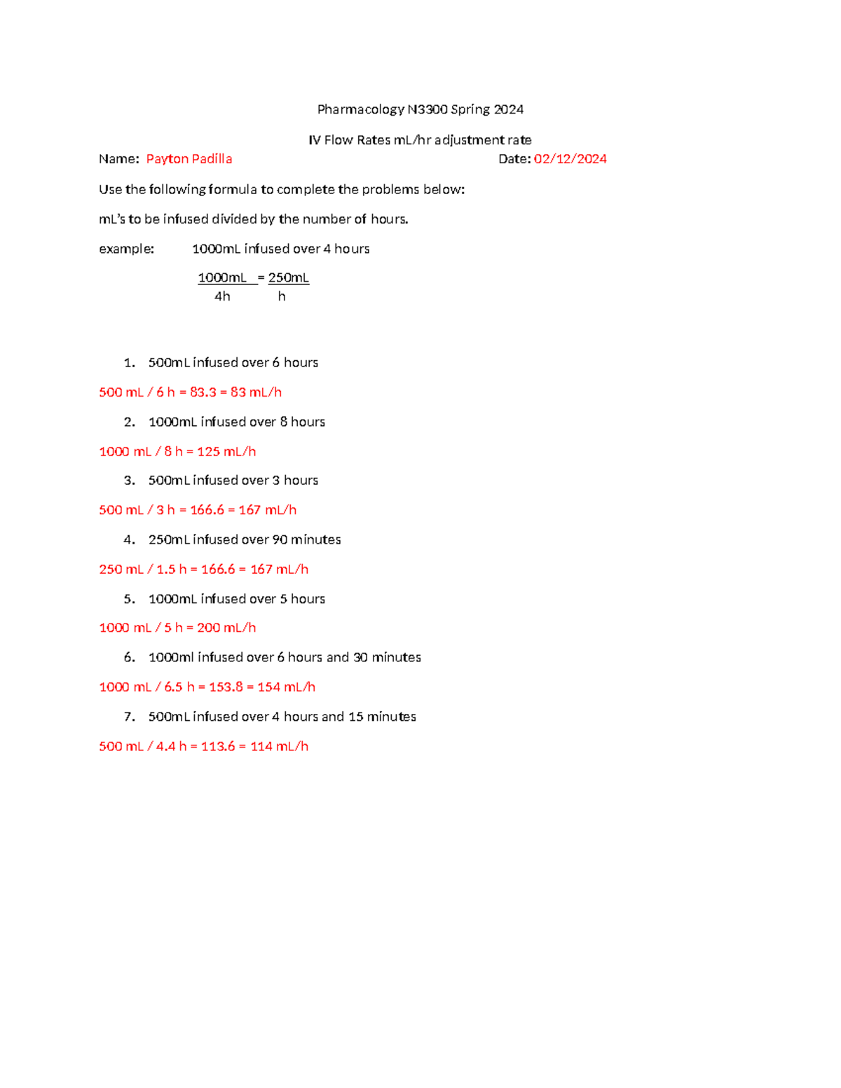 IV Flow Rates ml hr - Pharmacology N3300 Spring 2024 IV Flow Rates mL ...