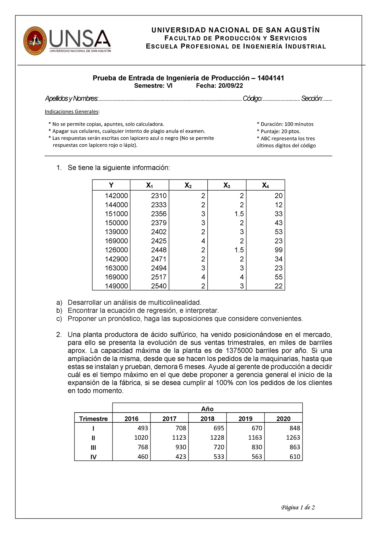 Prueba De Entrada 2022 - P·gina 1 De 2 U N I V E R S I D A D N A C I O ...