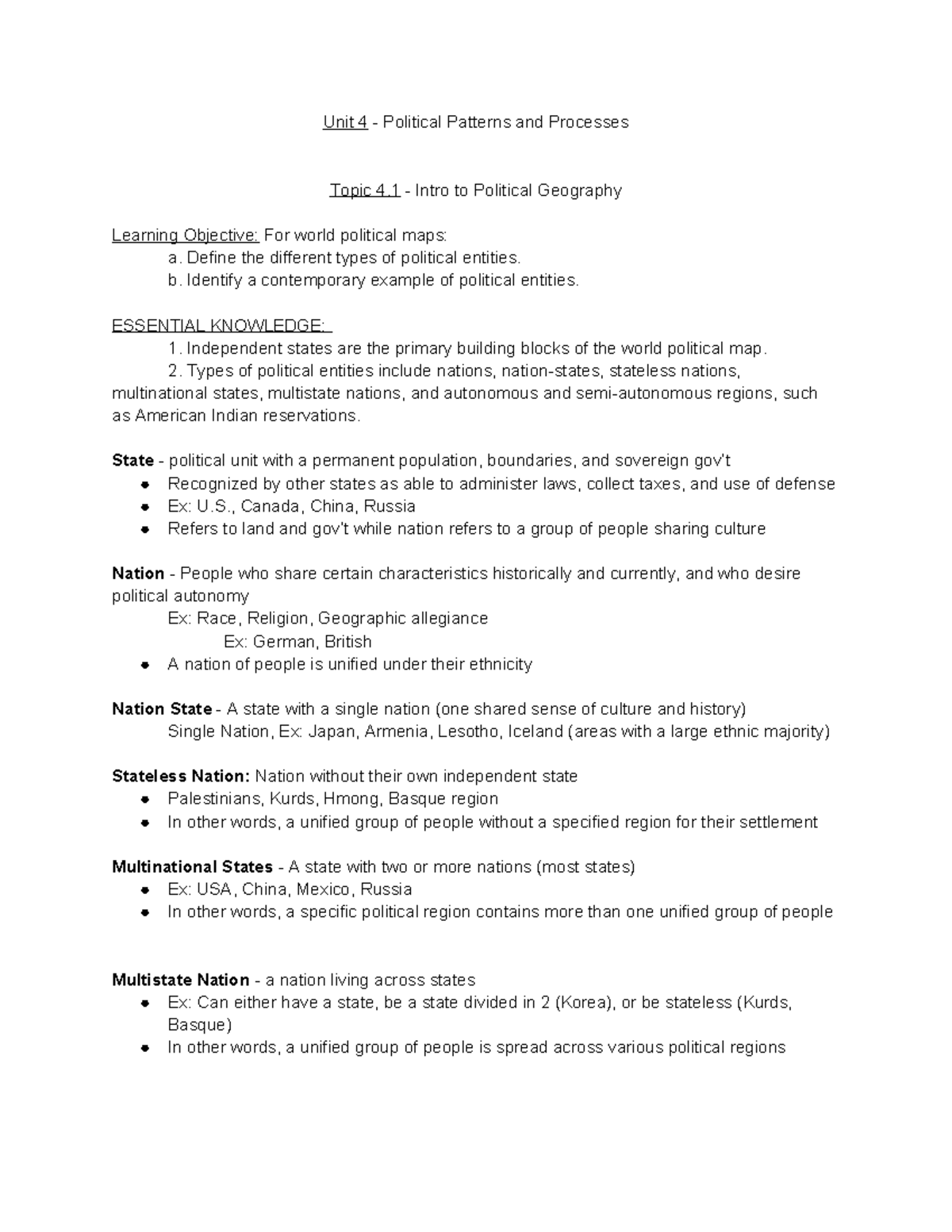 AP HUG Unit 4 Notes - Unit 4 - Political Patterns And Processes Topic 4 ...