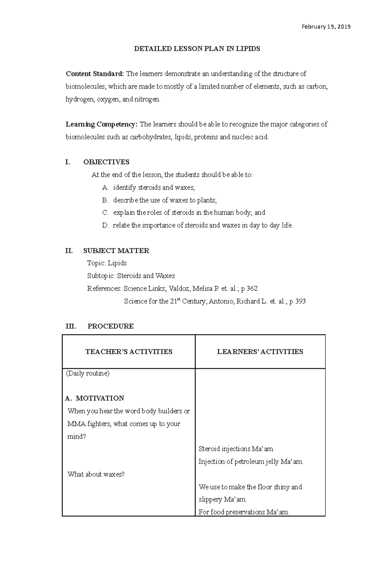 11th Detailed Lesson PLAN IN Lipids - DETAILED LESSON PLAN IN LIPIDS ...