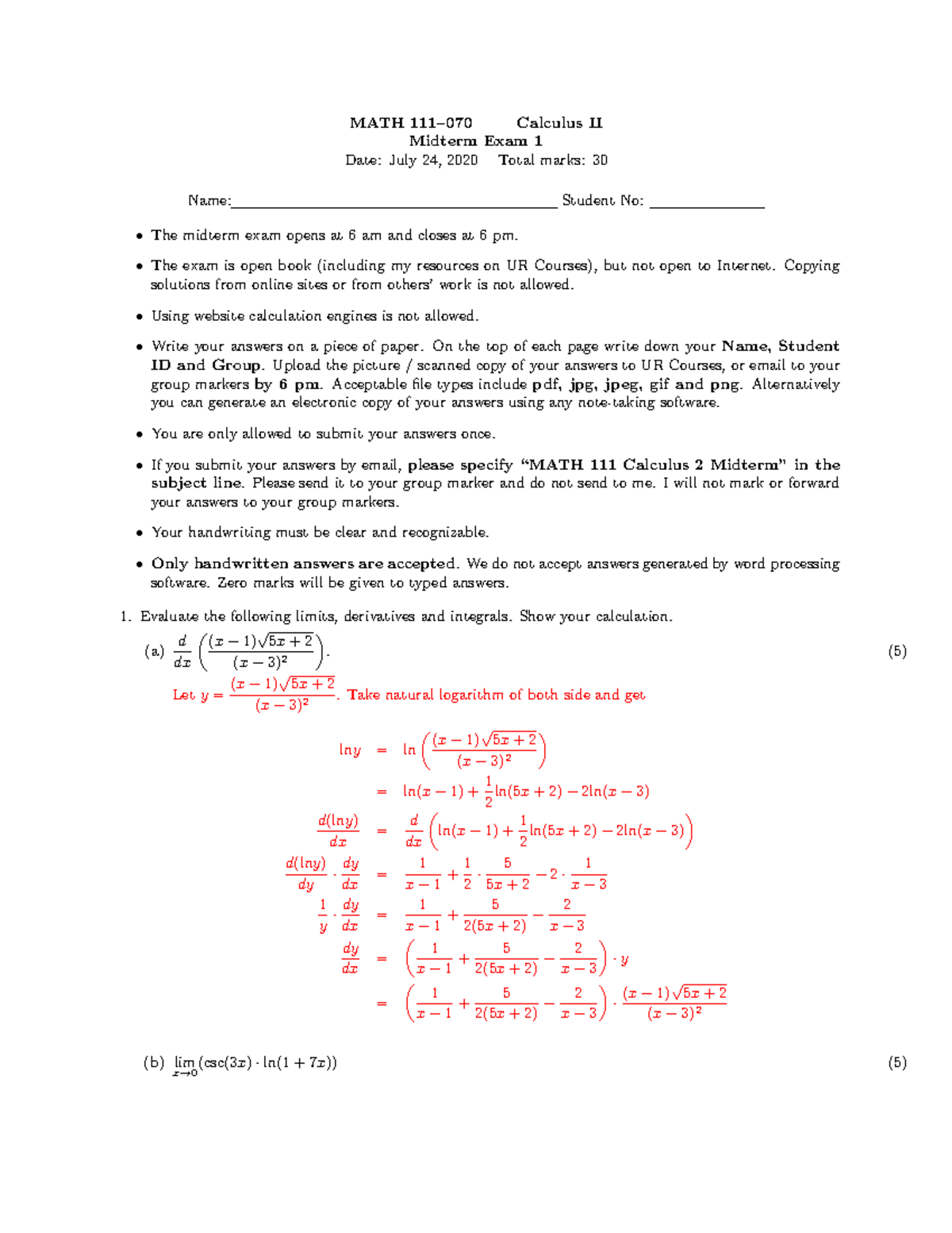 Midterm 1 sol - MATH 111–070 Calculus II Midterm Exam 1 Date: July 24 ...
