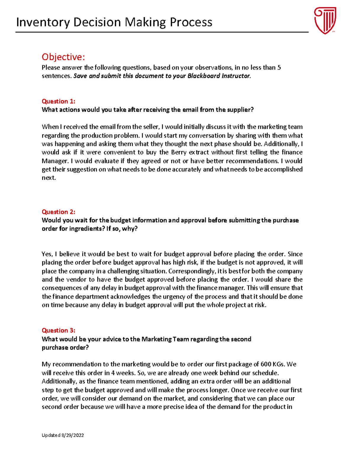 week 6 assignment inventory decision making activity