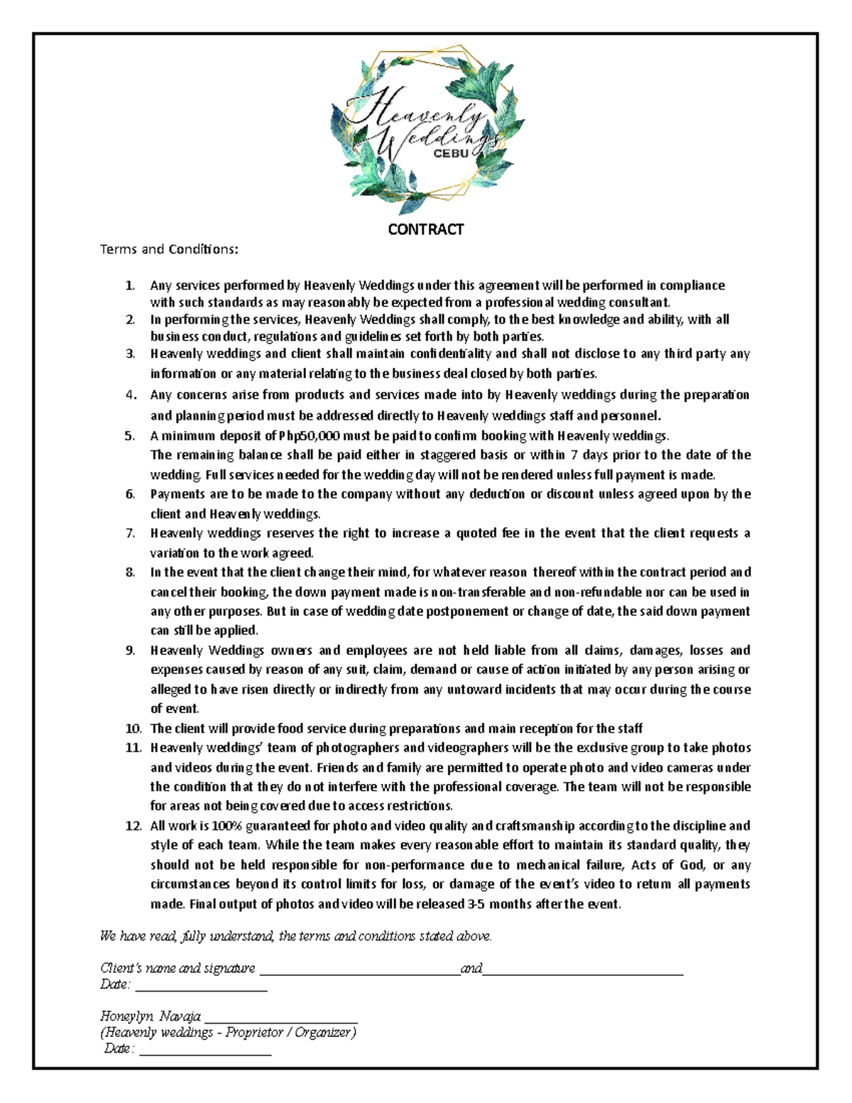 Contract Business CONTRACT Terms And Conditions Any Services Performed By Heavenly Weddings 