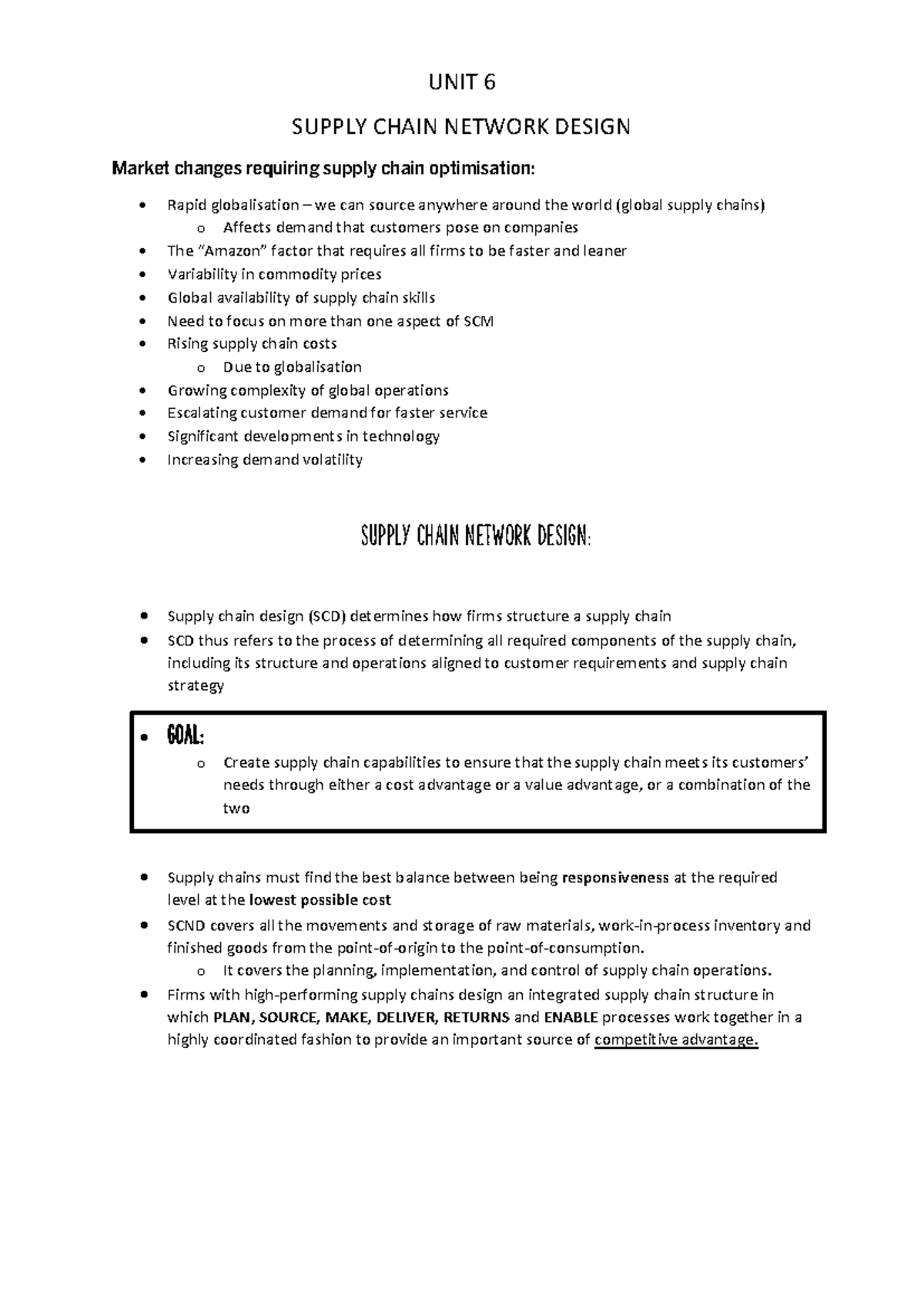 UNIT 6 PDF - Summary Supply chain management - UNIT 6 SUPPLY CHAIN ...