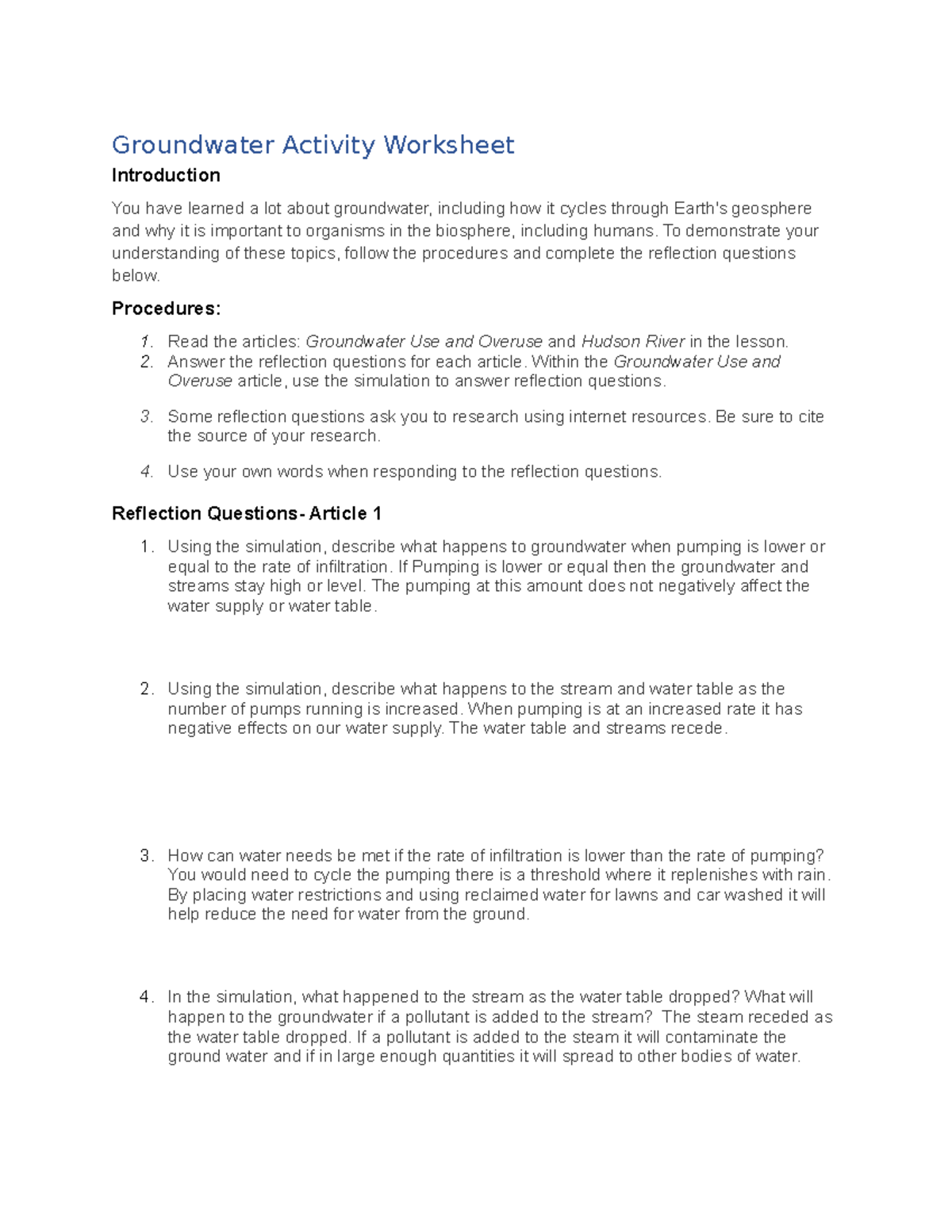 Groundwater Activity Worksheet Groundwater Activity Worksheet