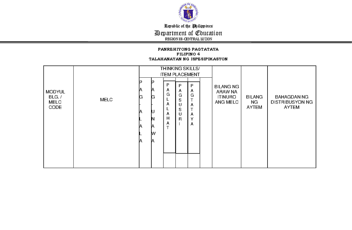 RAT TOS Filipino 4 - rat - Department of Education REGION III-CENTRAL ...