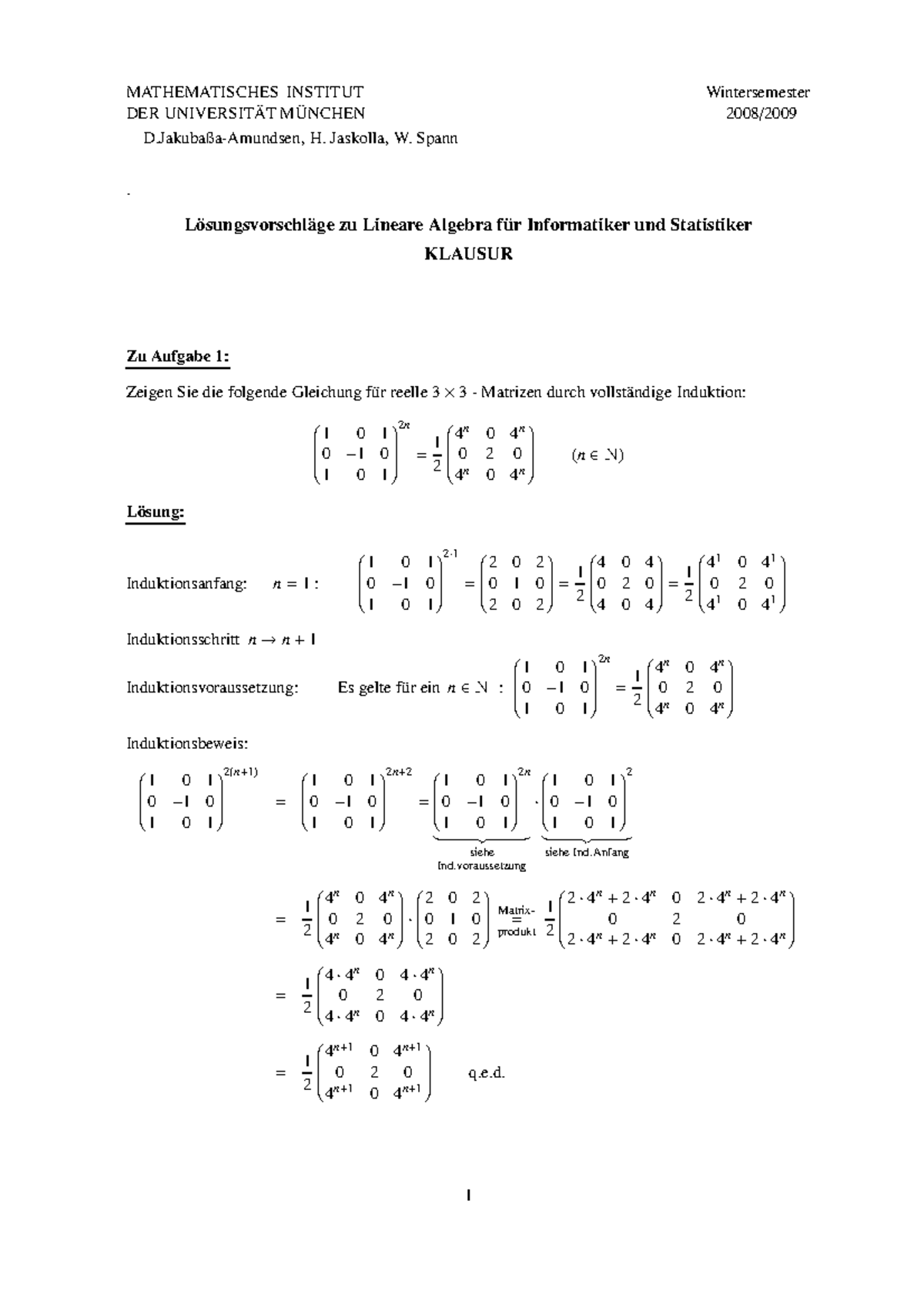 Klausuren Walter Spann 2008-2020 - Lineare Algebra Für Informatiker Und ...