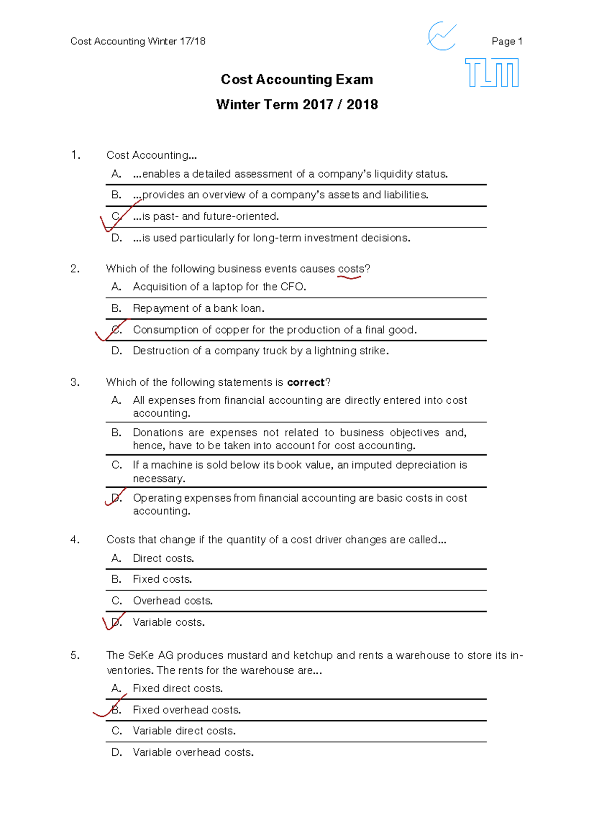 Cost Accounting Ws1617 - Cost Accounting Exam Winter Term 2017 / 2018 1 ...