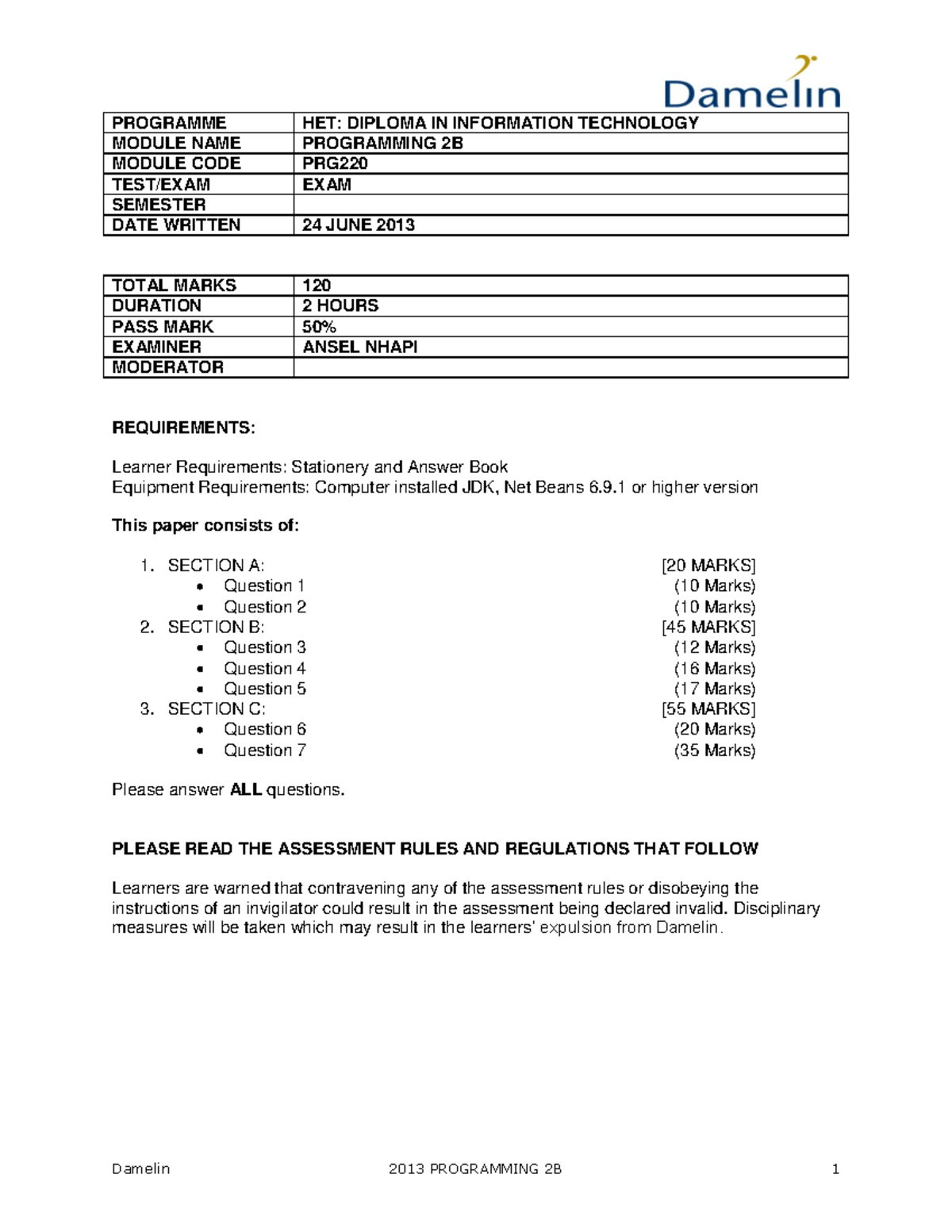 Programming 2B Exam (Part time) - PROGRAMME HET: DIPLOMA IN INFORMATION ...
