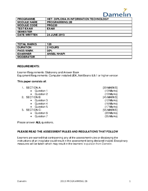 Programming 2B Special Exam Memo - TITLE HET: DIPLOMA INFORMATION ...