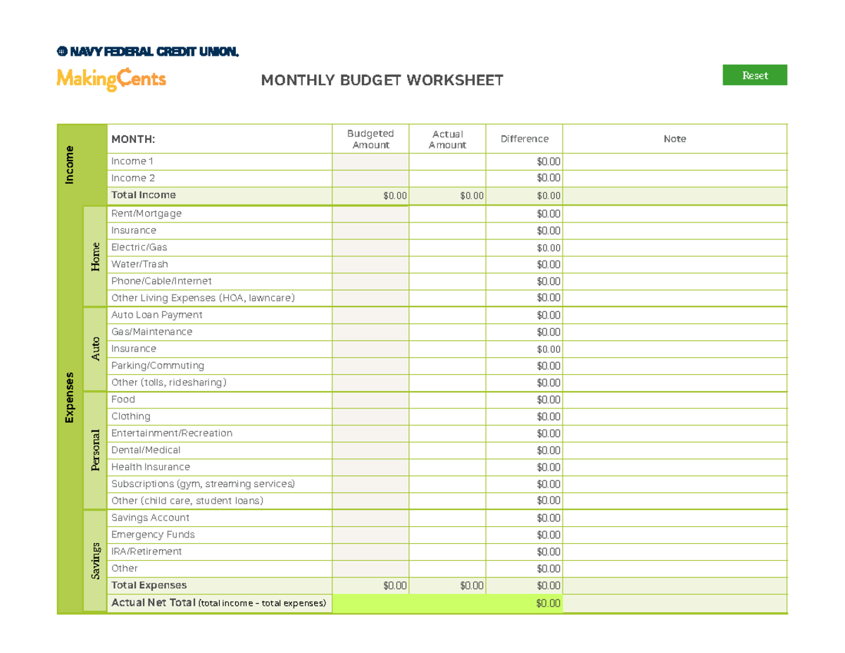 Budgetworksheet - Budget worksheet for everyone - MONTHLY BUDGET ...