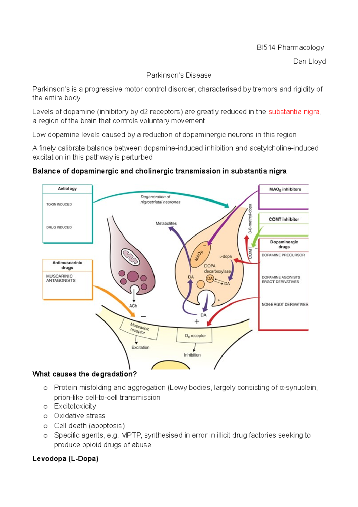 Parkinson’s Disease - Lecture notes - BI514 Pharmacology Dan Lloyd ...