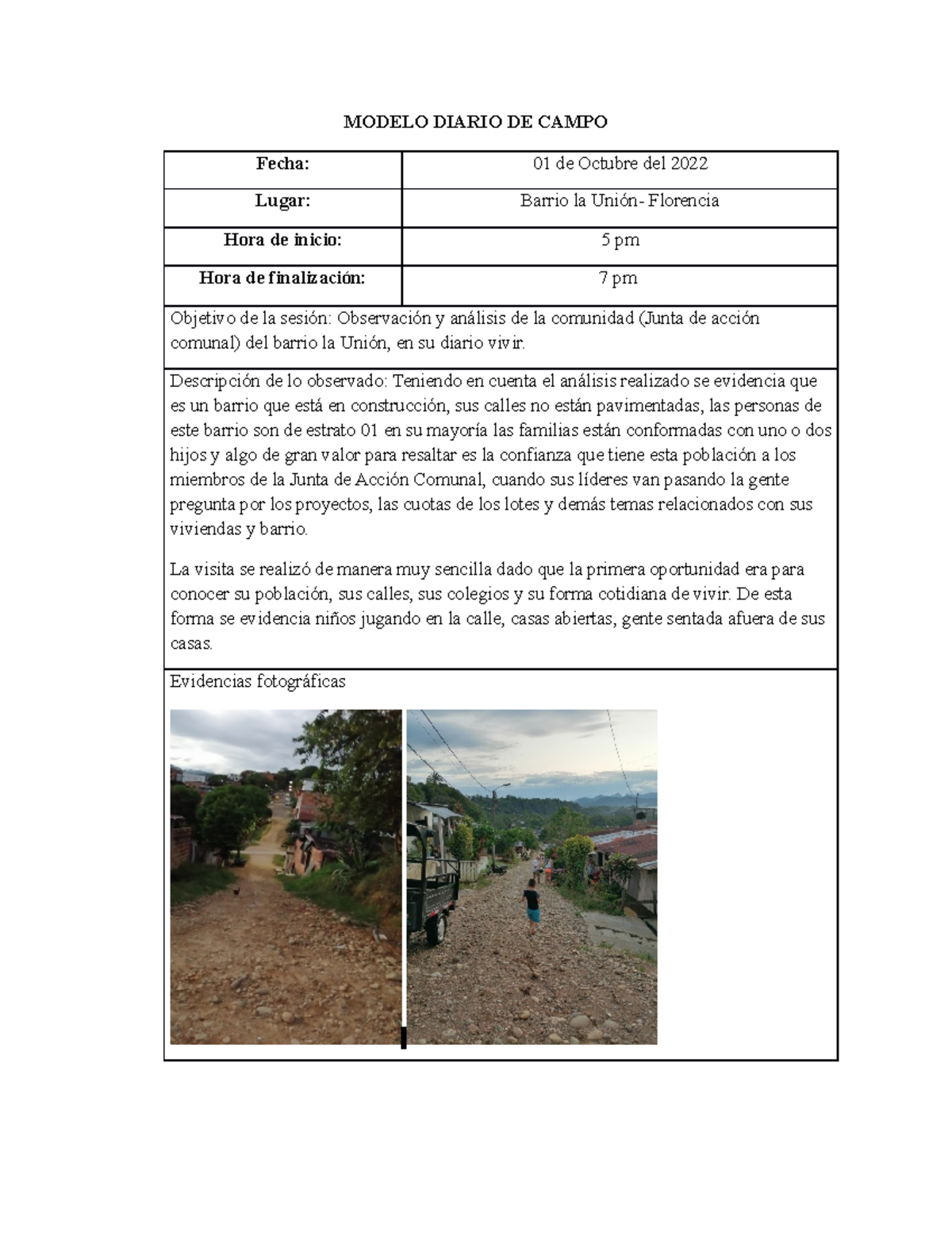 Modelo Diario DE Campo(visita) - MODELO DIARIO DE CAMPO Fecha: 01 de ...
