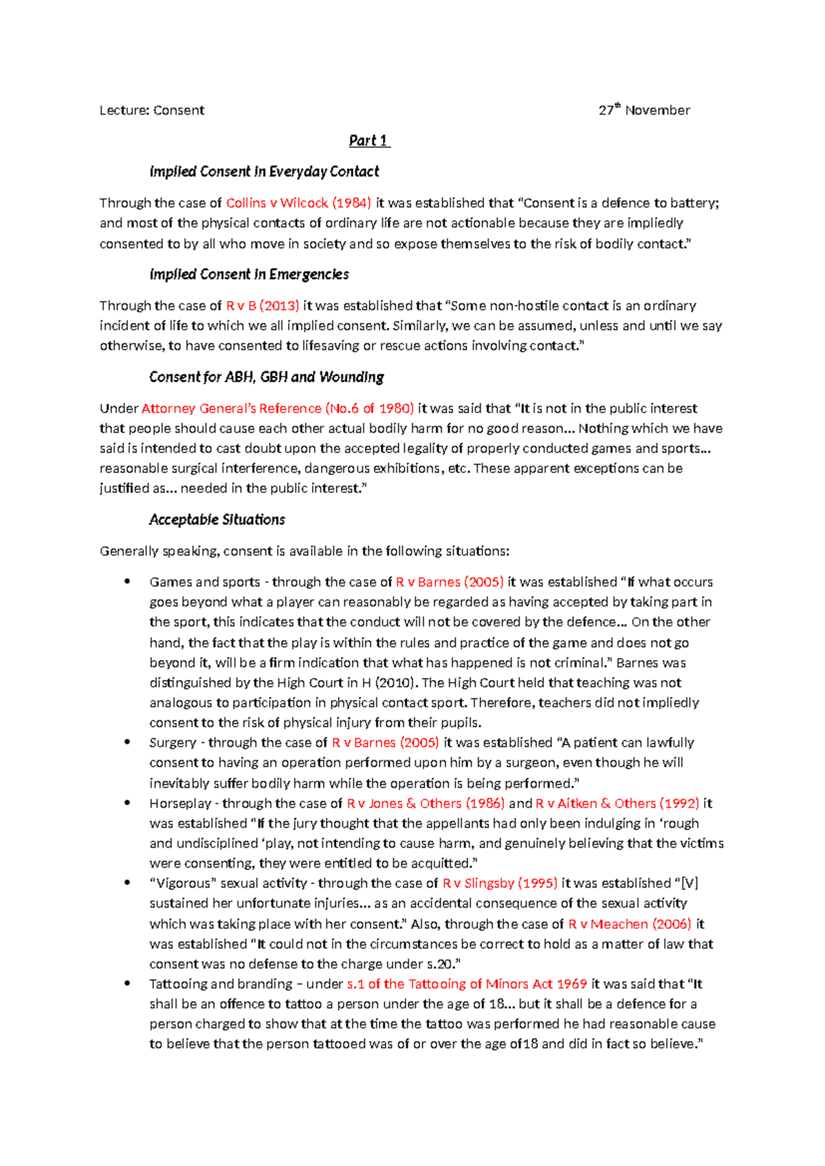 Consent - notes - Lecture: Consent 27 th November Part 1 Implied ...