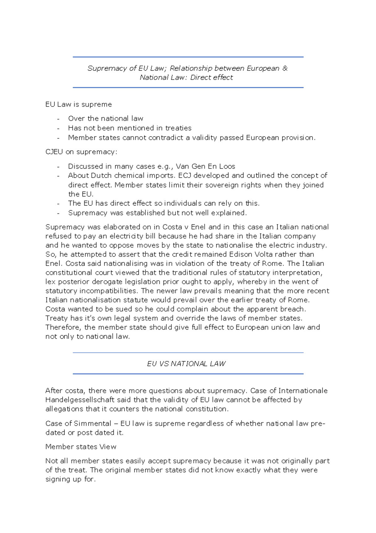 direct effect and supremacy eu law essay