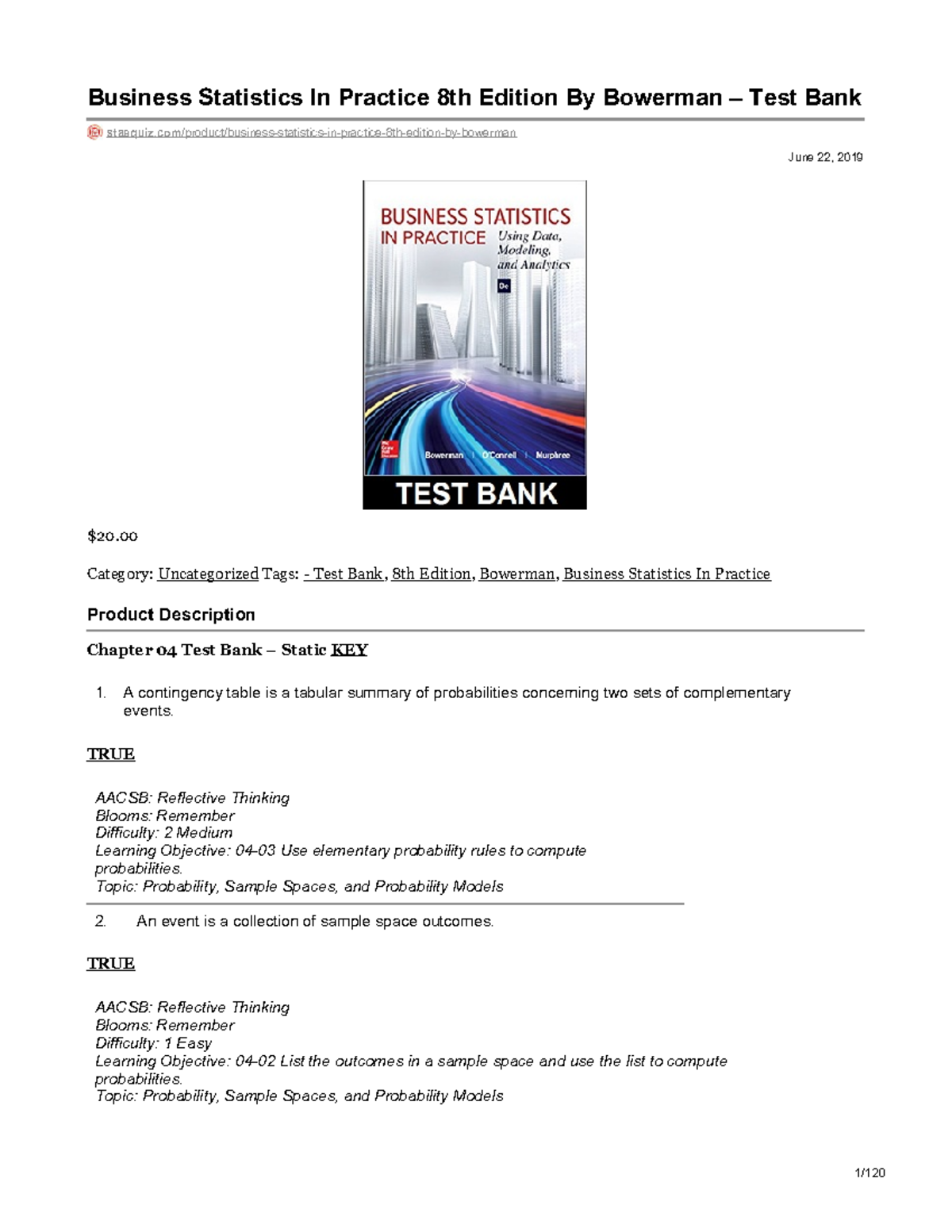 Test Bank - Business Statistics In Practice 8th Edition By Bowerman ...