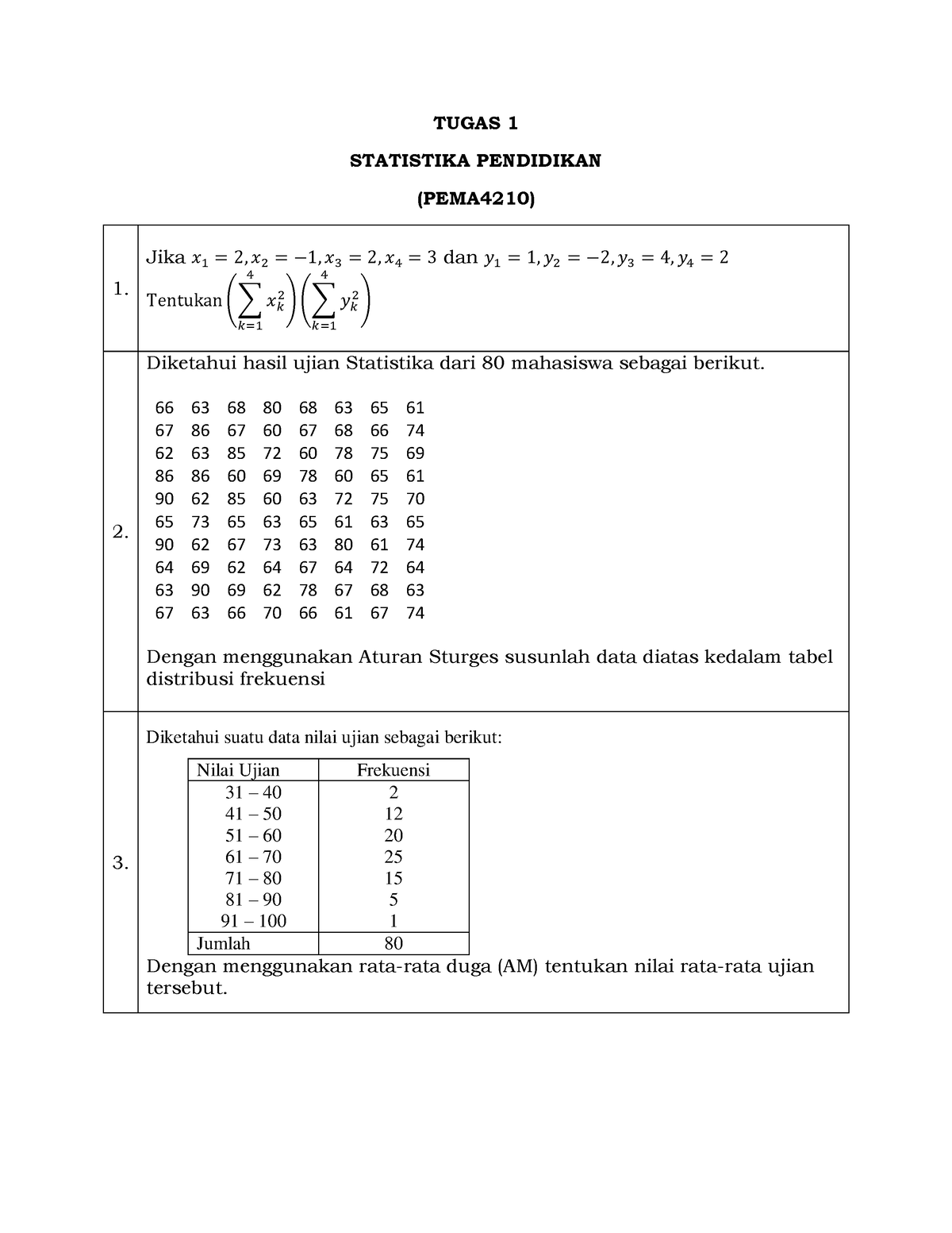 Tugas 1 Pema4210 Good Tugas 1 Statistika Pendidikan Pema4210 1 Jika Dan ∑ ∑ 2 7480