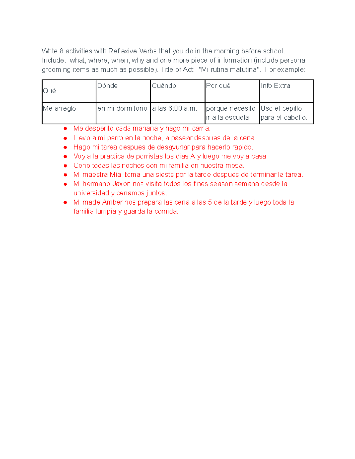 Morning Routine - Write 8 activities with Reflexive Verbs that you do ...