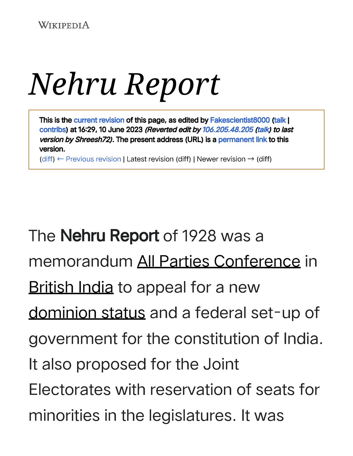 assignment on nehru report