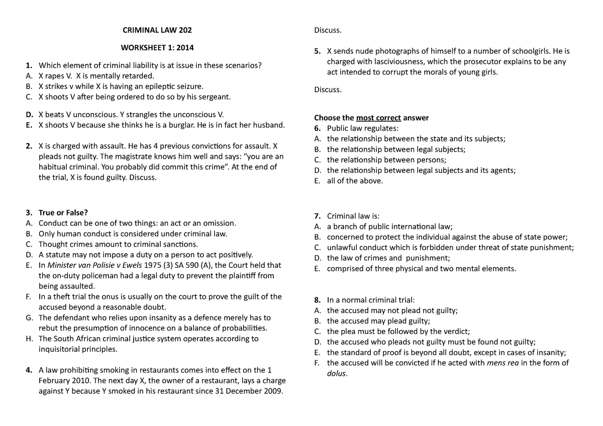 Worksheet 1 tutorial CRIMINAL LAW 202 WORKSHEET 1: 2014 1 A B C