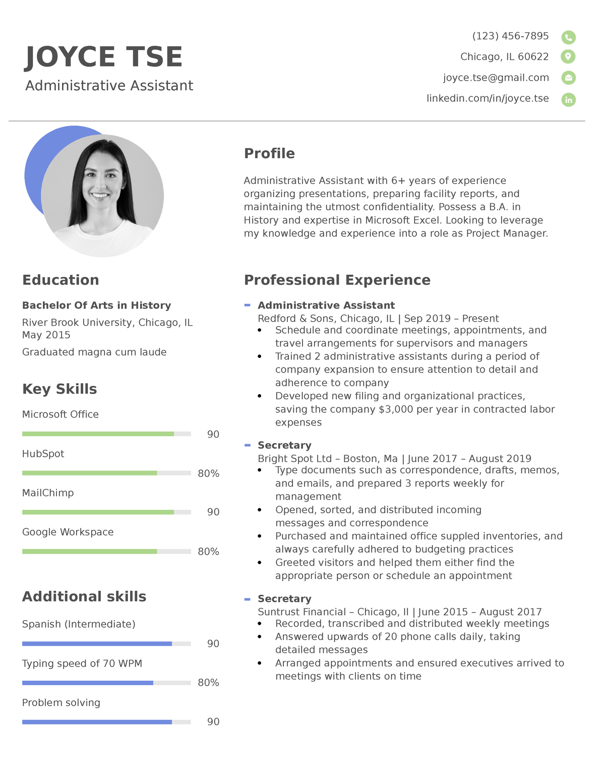 Headshot photo resume template blue green - JOYCE TSE Administrative ...