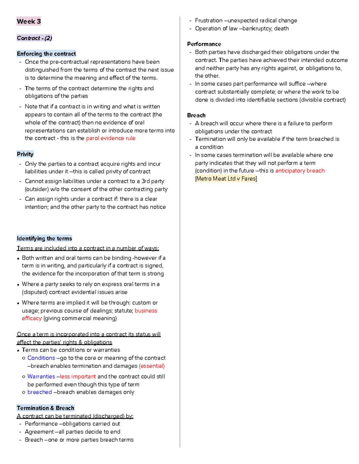 Week 3 - Week 3 notes - Week 3 Contract - (2) Enforcing the contract ...
