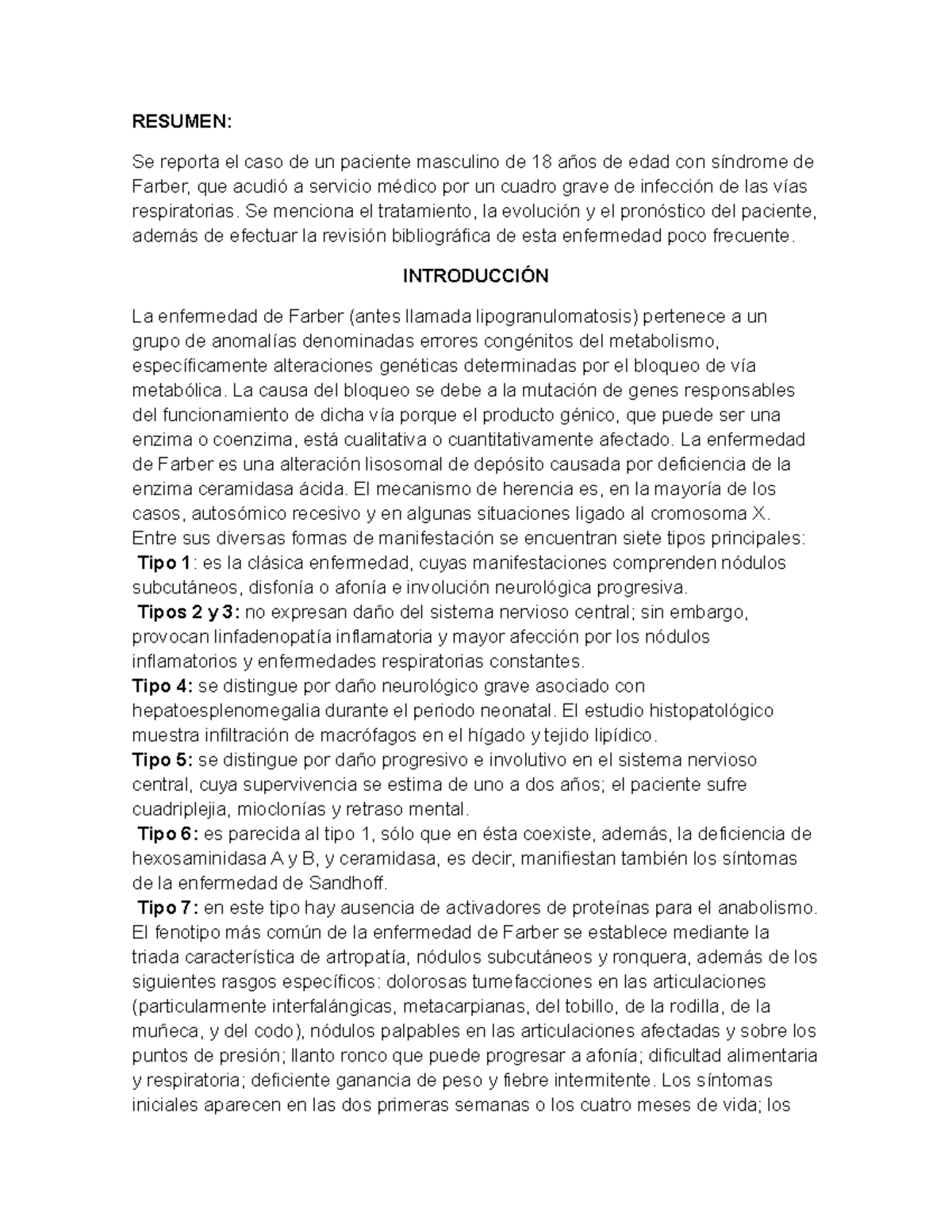 enfermedad de farber tipos