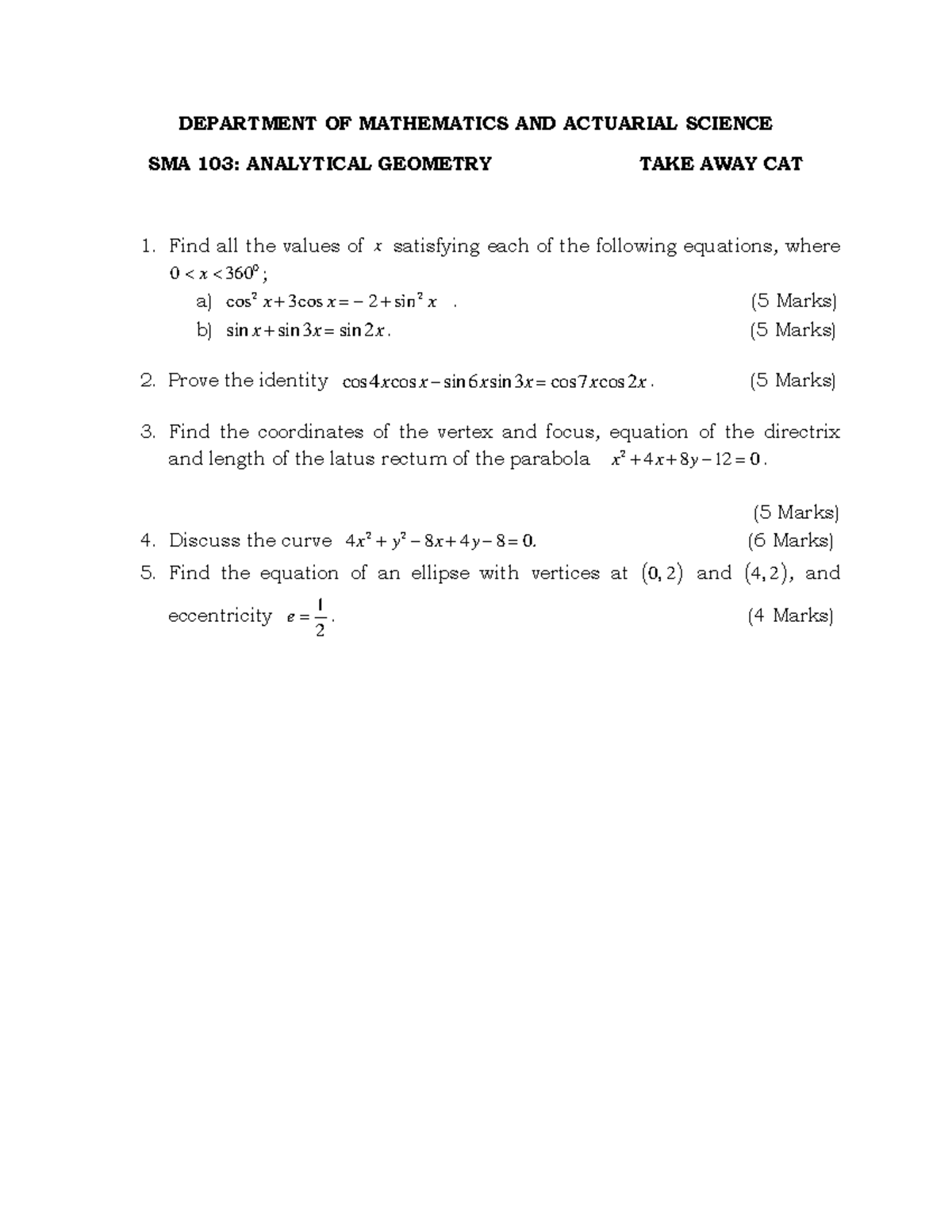SMA 103 TAKE AWAY CAT - questions - DEPARTMENT OF MATHEMATICS AND ...