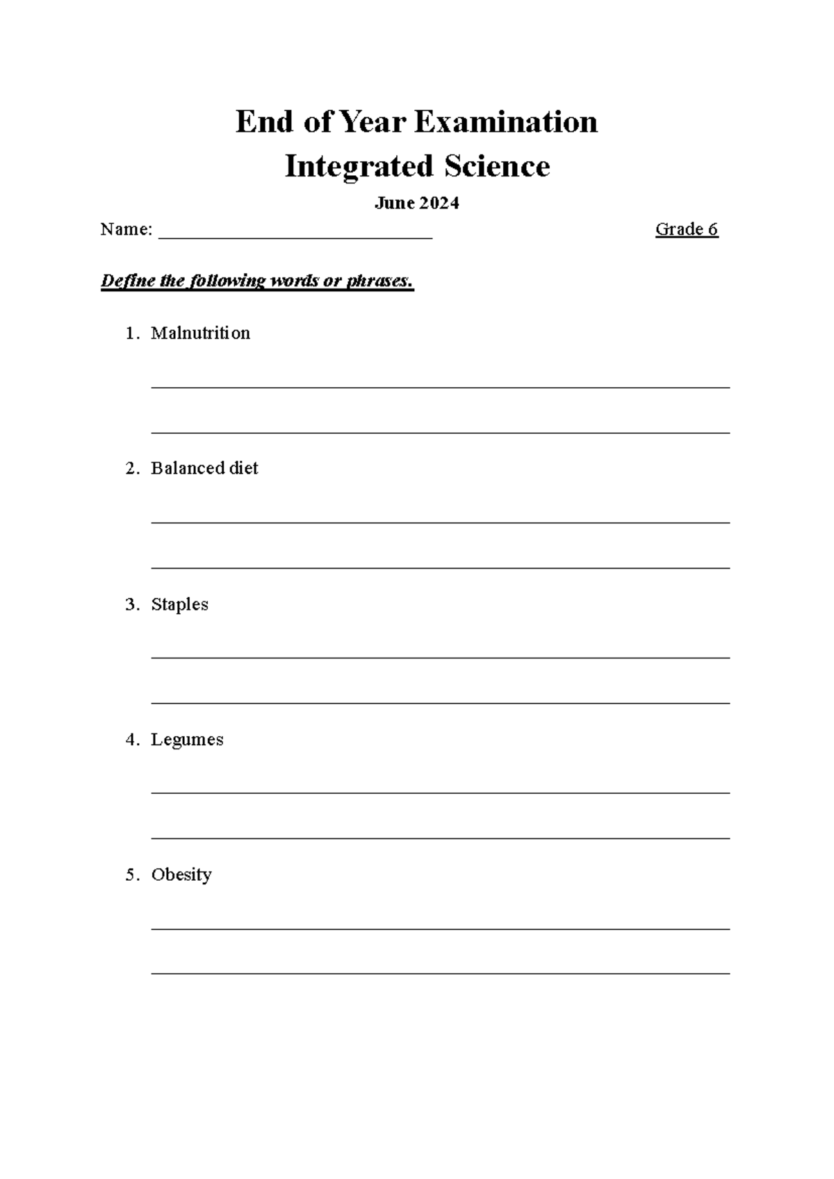 Grade 6 Science - End of Year Examination Integrated Science June 2024 ...