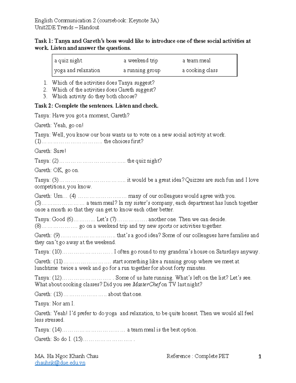 Unit2DE ECom2 - Handout - English Communication 2 (coursebook: Keynote ...